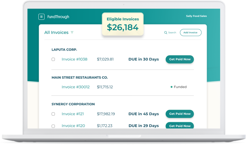 Screenshot of FundThrough app on a laptop showing invoices that can be funded early.